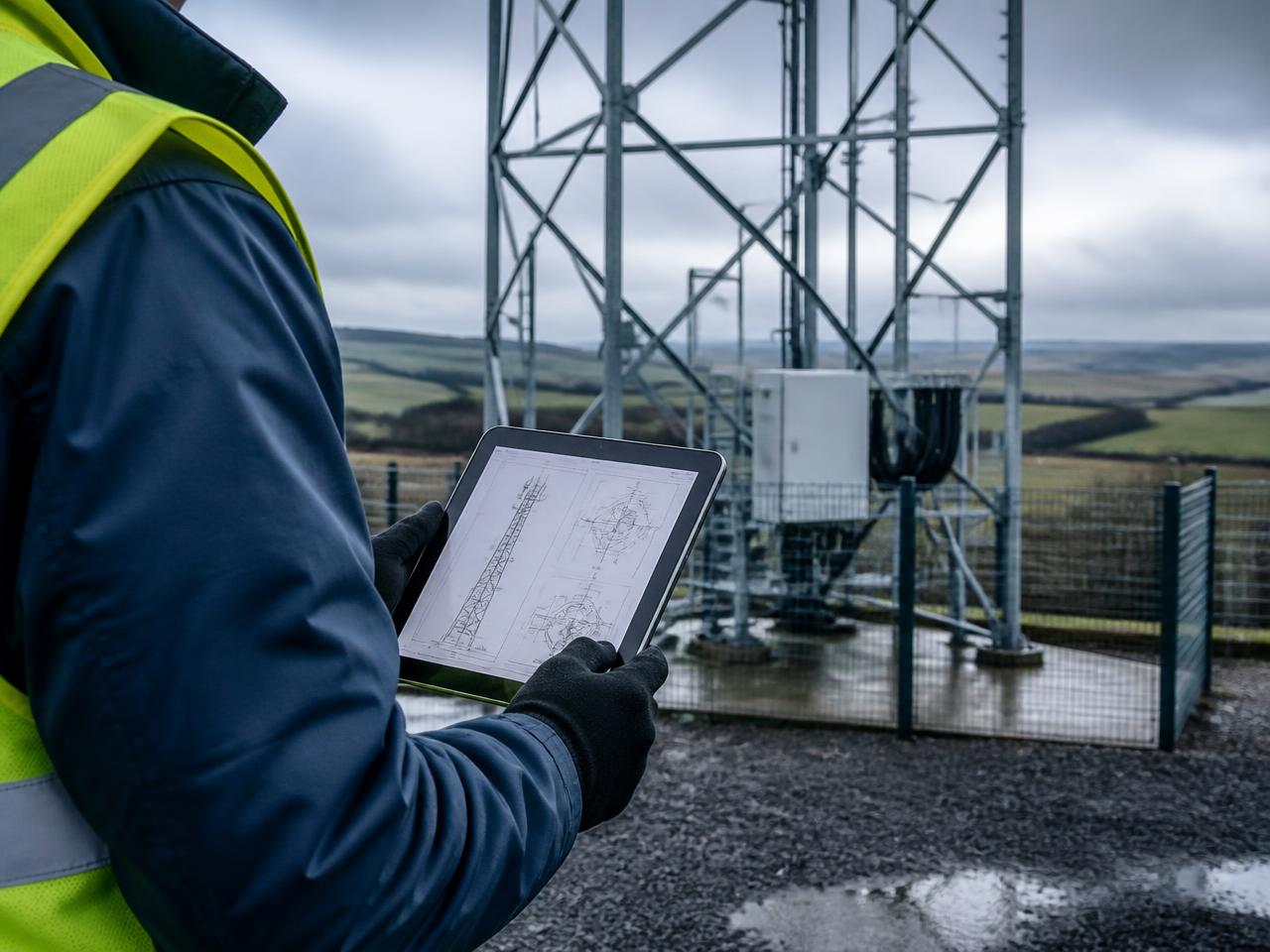 Engineer reviewing telecommunications structural drawings at a UK mast site